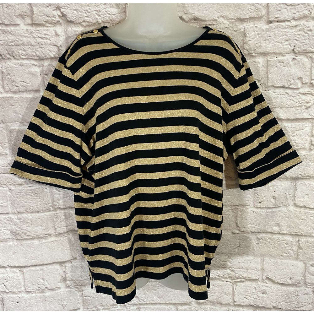 LAUREN Ralph Lauren 3X Black Gold Sparkle Striped 3/4‎ Sleeve Boat Neck Knit Top